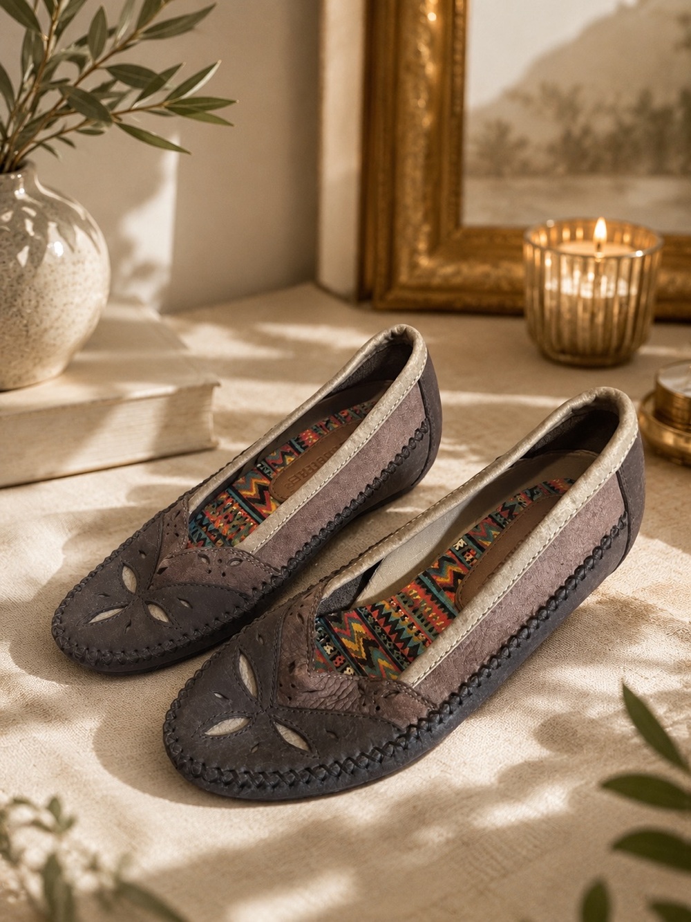 Hush Puppies Brown Suede Floral Cutout Boho Comfort Flats Shoes Women 6.5